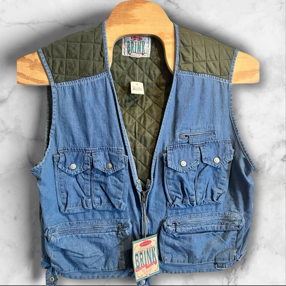 Vintage On The Brink Blue Denim Vest Fishing Utility Photography Men‎ XL Quilted